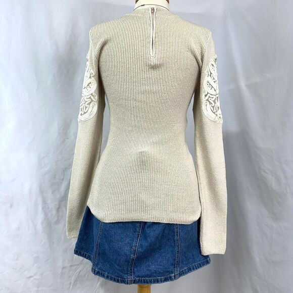 FREE PEOPLE Beige Cream Long Sleeve Knit Sweater Lace Mesh Details Womens M Soft - Picture 5 of 5